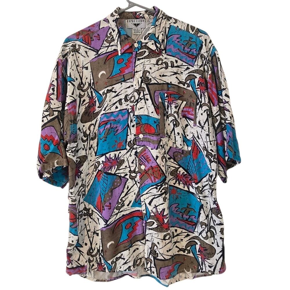Vintage 90s Abstract Print Rayon Shirt Womens XL Dopamine Colorful Artsy